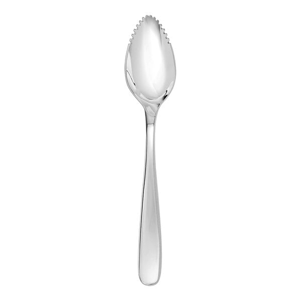 A close-up of a Fortessa stainless steel grapefruit spoon with a handle.