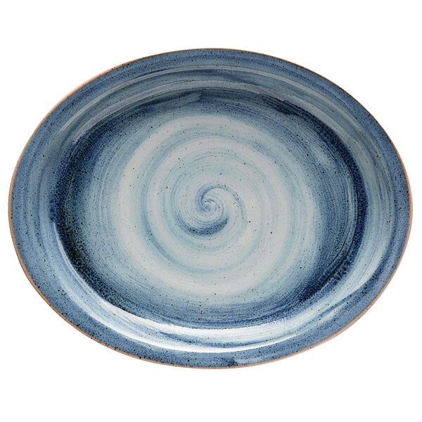 A blue and white oval porcelain platter with a swirl design.