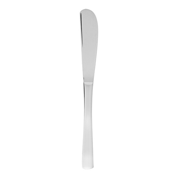 A white rectangular object with a black stripe, the Fortessa Catana butter knife with a black handle.