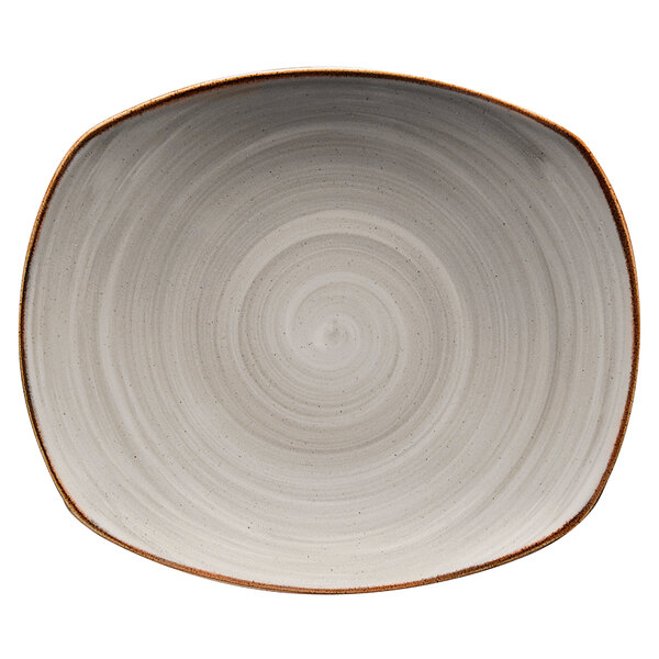 A grey oval porcelain plate with a spiral design on the rim.