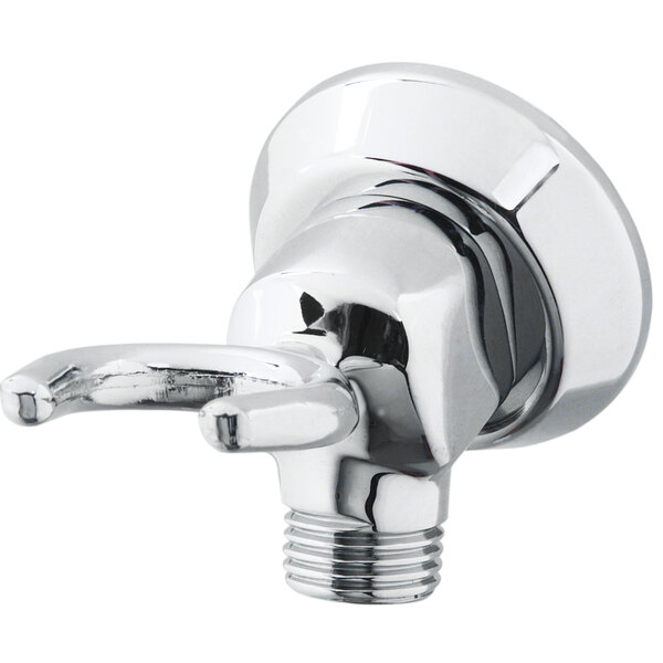 A T&S chrome plated wall hook outlet with flange.