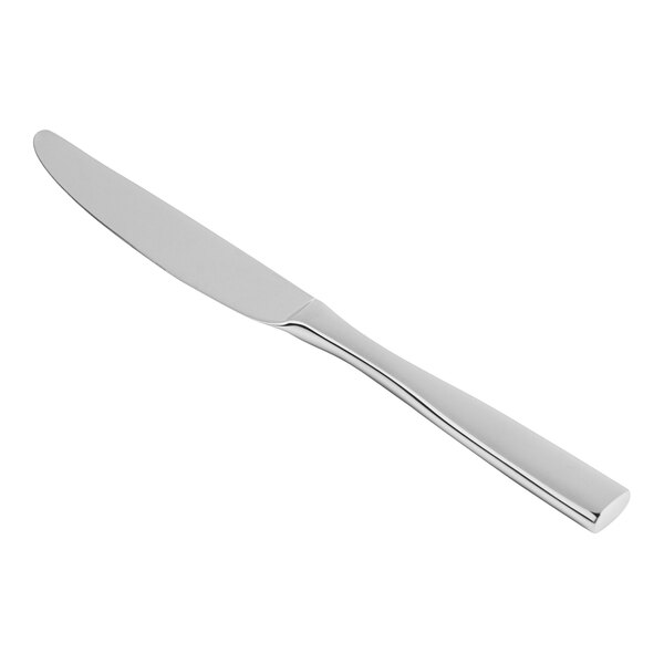 A Fortessa Lucca stainless steel dessert knife with a silver finish.