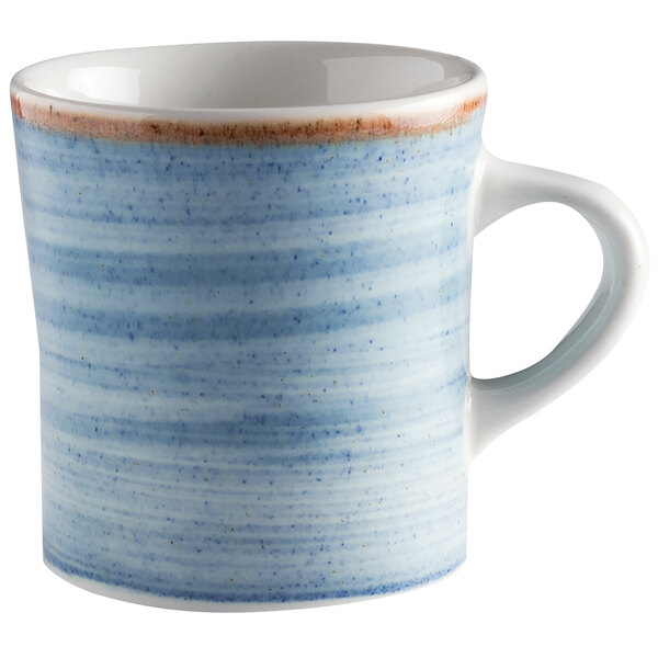 A white porcelain mug with blue and brown stripes and a blue handle.