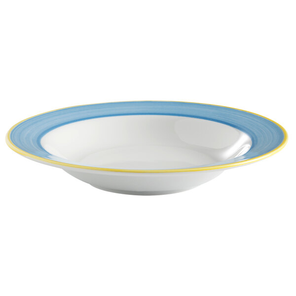 A white bowl with a blue and yellow rim.