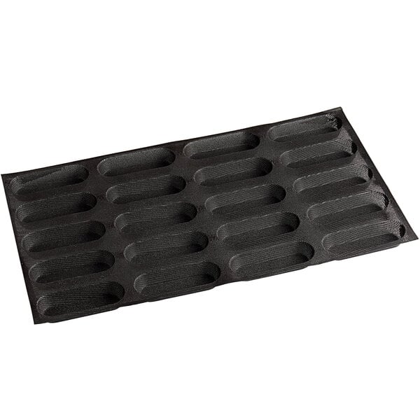 A black Sasa Demarle silicone baking tray with 20 oblong compartments.