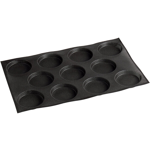 A black Sasa Demarle silicone bread mold with 11 rectangular cavities.