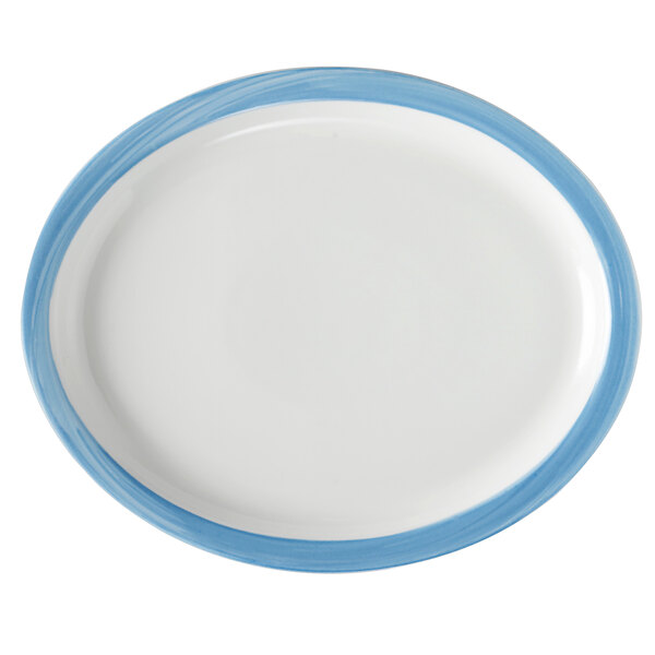 A white porcelain oval platter with a narrow blue and yellow rim.