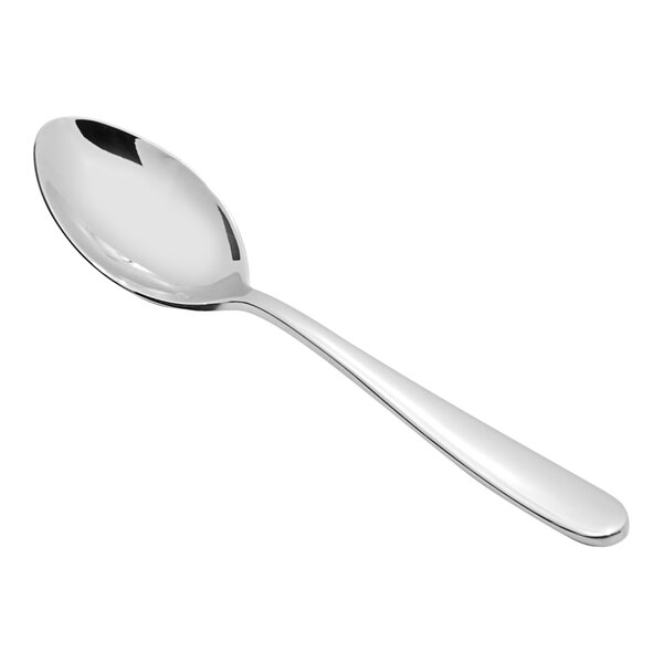 A Fortessa Grand City large coffee spoon with a silver handle.