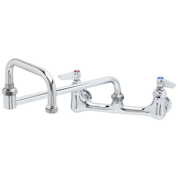 A chrome T&S wall mount pantry faucet with double-jointed swing nozzle.