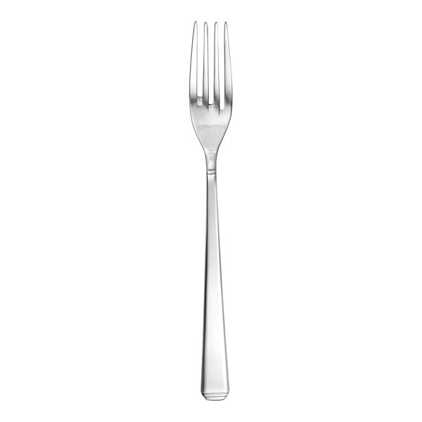 A close-up of a Fortessa Scalini stainless steel dinner fork with a silver handle.