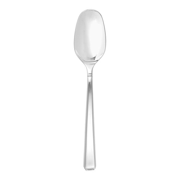 A close-up of a silver Fortessa Scalini dinner spoon with a black handle on a white background.