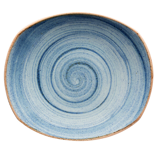 A blue and white oval porcelain plate with a swirl design.