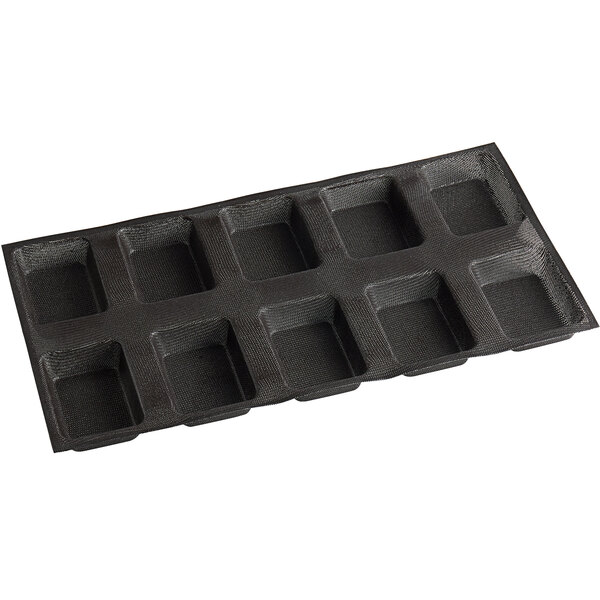 A black Sasa Demarle silicone rectangular bread mold with 10 compartments.