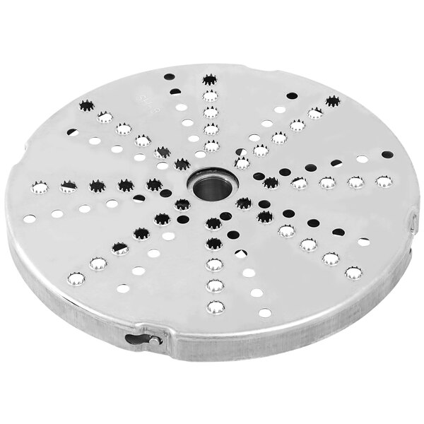 A circular metal Sammic SH-8+ grating / shredding disc with holes.