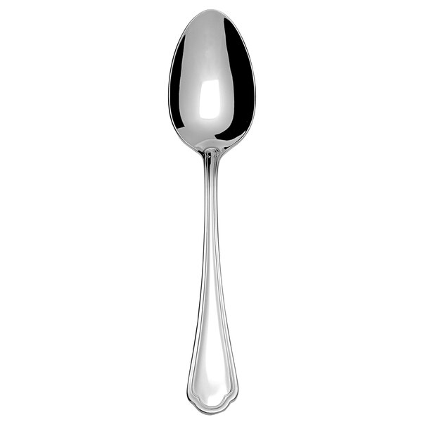 A close-up of a Fortessa Medici stainless steel dessert/soup spoon with a black handle on a white background.