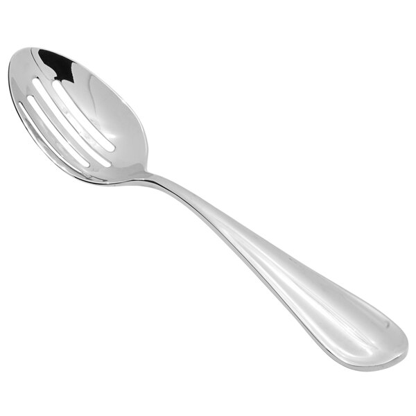 A close-up of a Fortessa stainless steel slotted serving spoon with a slotted handle.