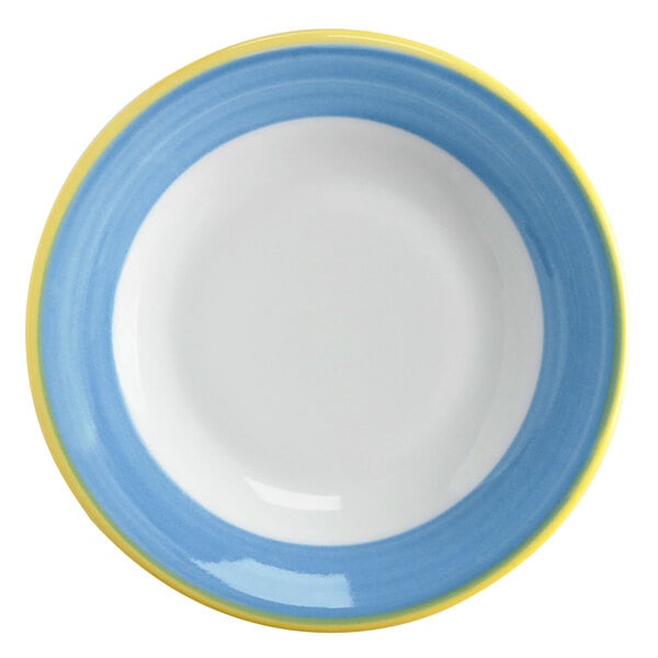 A Corona by GET Enterprises bright white porcelain plate with a blue and yellow rim.