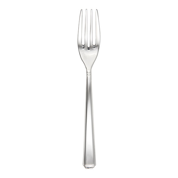 A close up of a Fortessa Scalini stainless steel appetizer/cake fork with a silver handle.