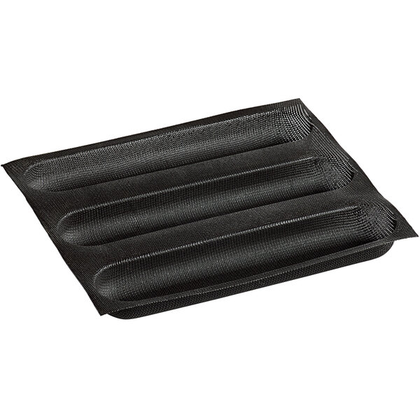 A black silicone baking tray with three oblong compartments.