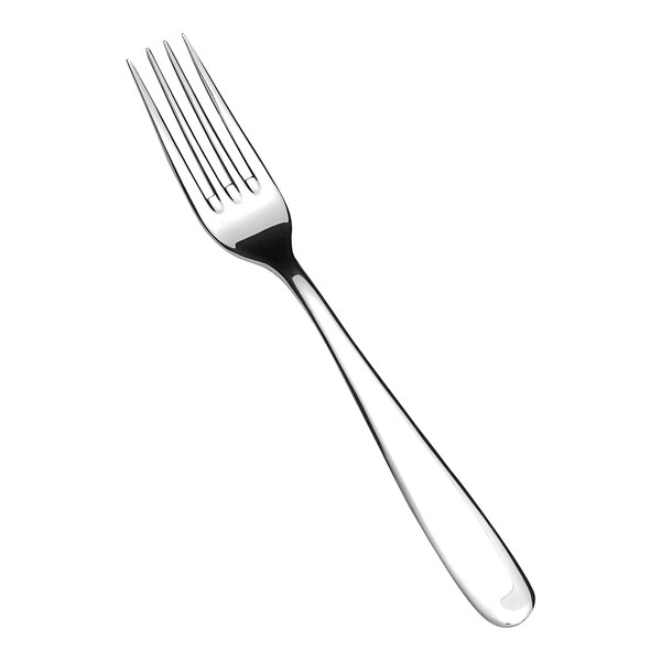A close-up of a Fortessa Grand City stainless steel salad/dessert fork with a silver handle.