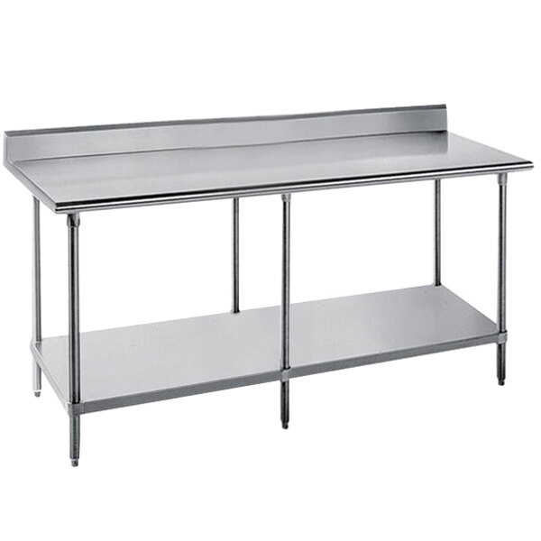 A stainless steel Advance Tabco work table with undershelf and backsplash.