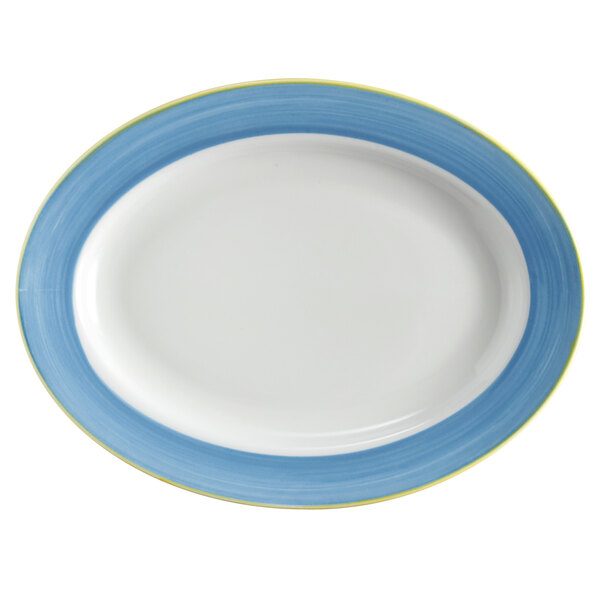 A white porcelain oval platter with blue and yellow striped rim.