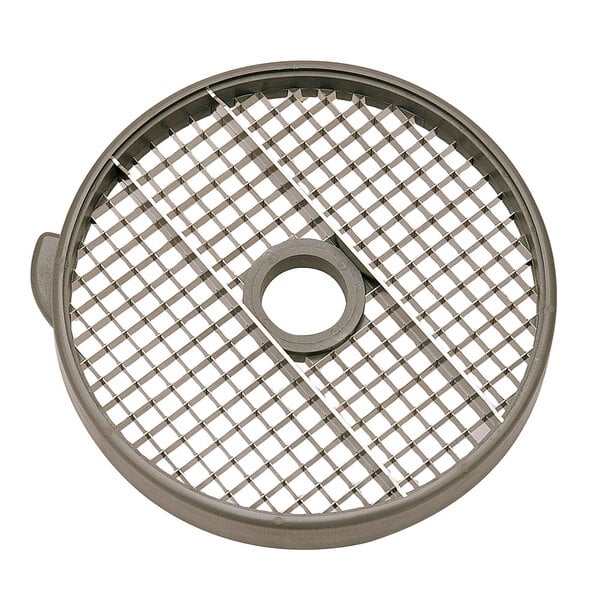 A grey circular Robot Coupe 3/8" dicing grid with a hole in the center.
