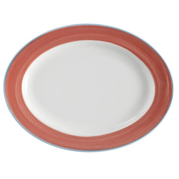 A white porcelain oval platter with a coral and blue rim.