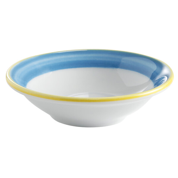 A white porcelain bowl with blue and yellow stripes on the rim.