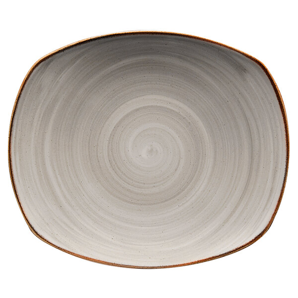 A white plate with a grey spiral pattern.
