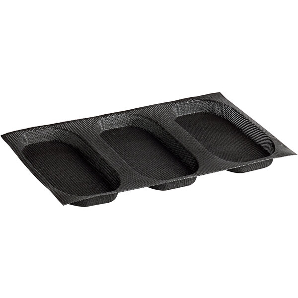 A black Sasa Demarle Flexipan Air silicone rectangular bread mold with three compartments.