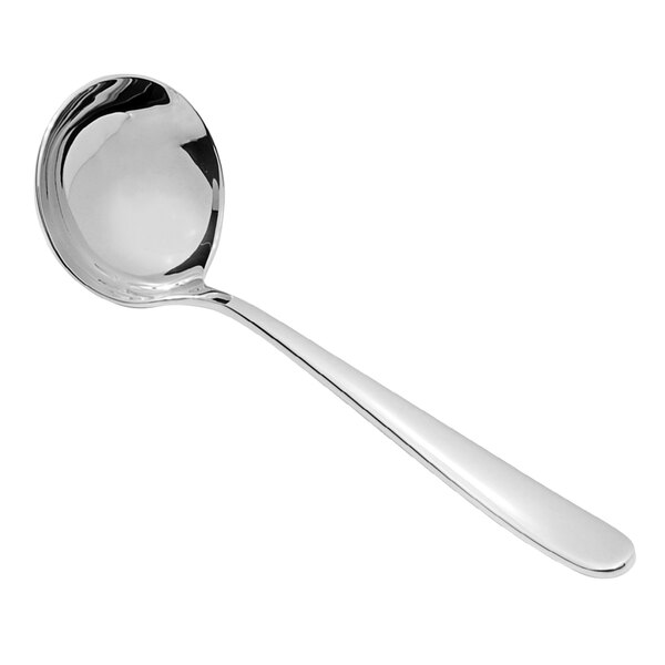 A silver soup ladle with a long handle.
