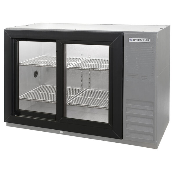 A Beverage-Air wine refrigerator with sliding glass doors.