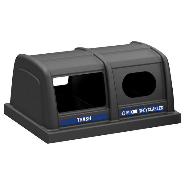 A black rectangular lid for two Parkview trash cans with decals showing two windows.