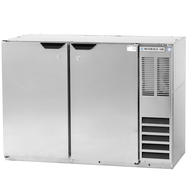 A silver stainless steel Beverage-Air wine refrigerator with two doors.