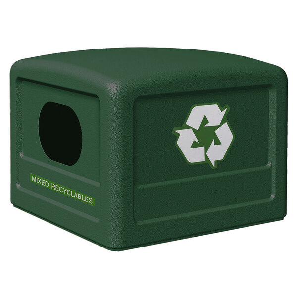 A forest green Commercial Zone recycling bin lid with green decals.