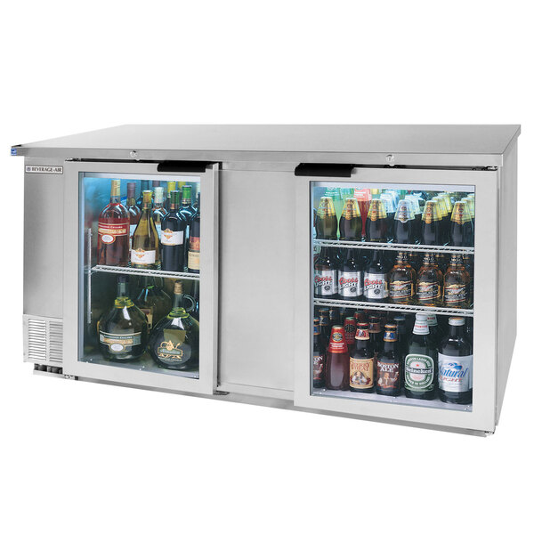 A Beverage-Air wine refrigerator with bottles inside.