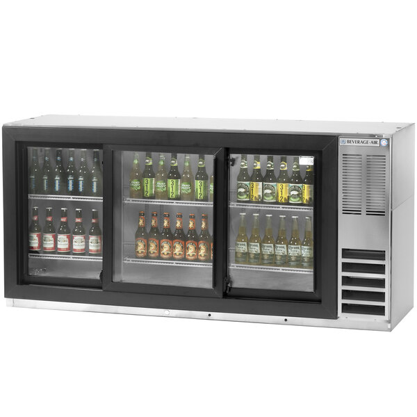 A Beverage-Air wine refrigerator with glass doors full of wine bottles.