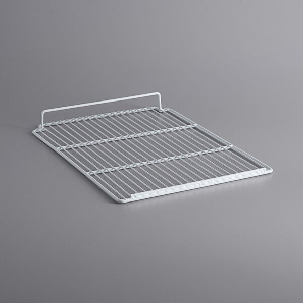 An Avantco white coated wire shelf on a gray background.
