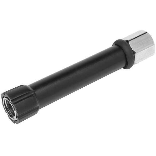 A black and silver metal tube with a black and white grip.