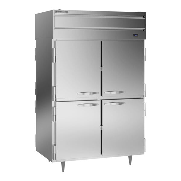 A silver stainless steel Beverage-Air holding cabinet with a close up of a half door.