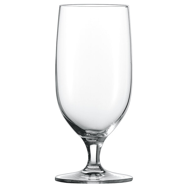 A clear Schott Zwiesel water goblet/beer glass with a stem.