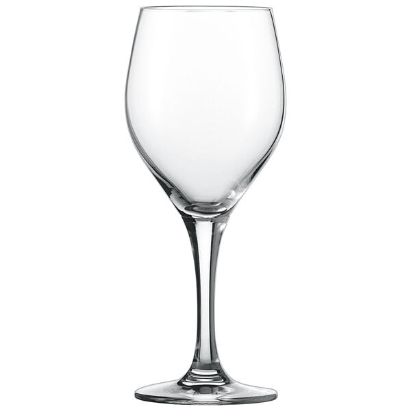 A close-up of a clear Schott Zwiesel Mondial burgundy wine glass with a long stem.