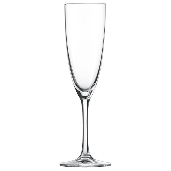 A clear Schott Zwiesel Classico flute glass with a long stem.