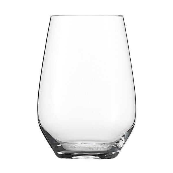 A Schott Zwiesel Fortessa stemless wine glass filled with a clear liquid on a white background.