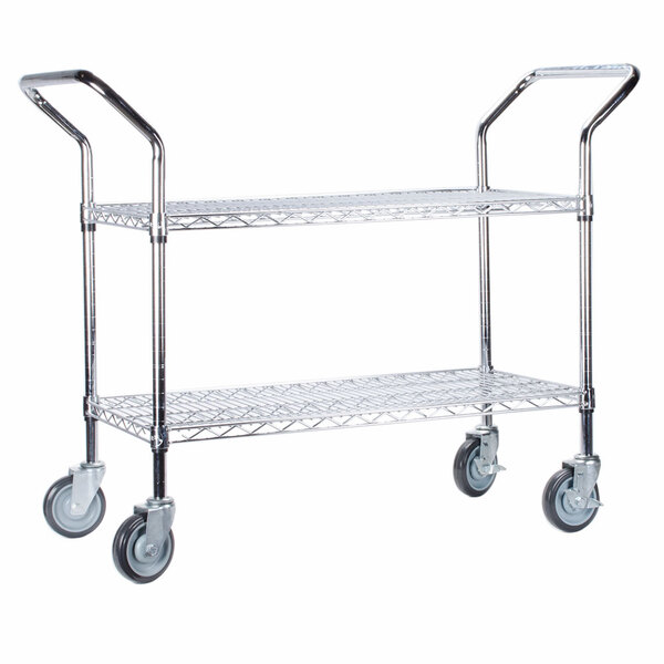 A silver metal Regency utility cart with two shelves and black wheels.