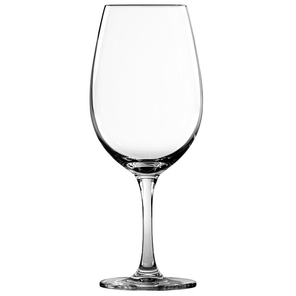 A close-up of a clear Schott Zwiesel red wine glass on a stem.