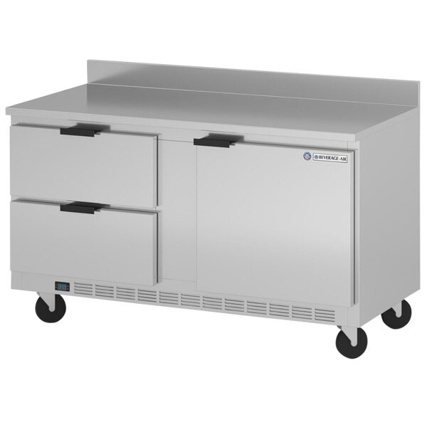 A Beverage-Air stainless steel worktop refrigerator with one door and two drawers.