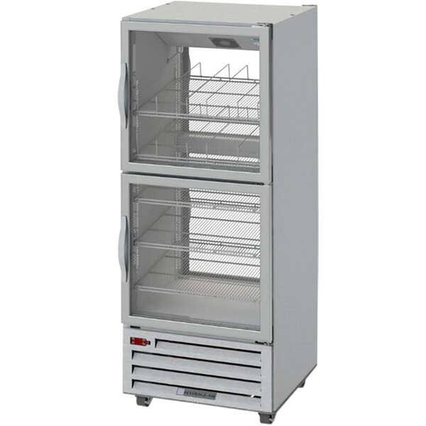 A silver Beverage-Air pass-through refrigerator with glass half doors and shelves.