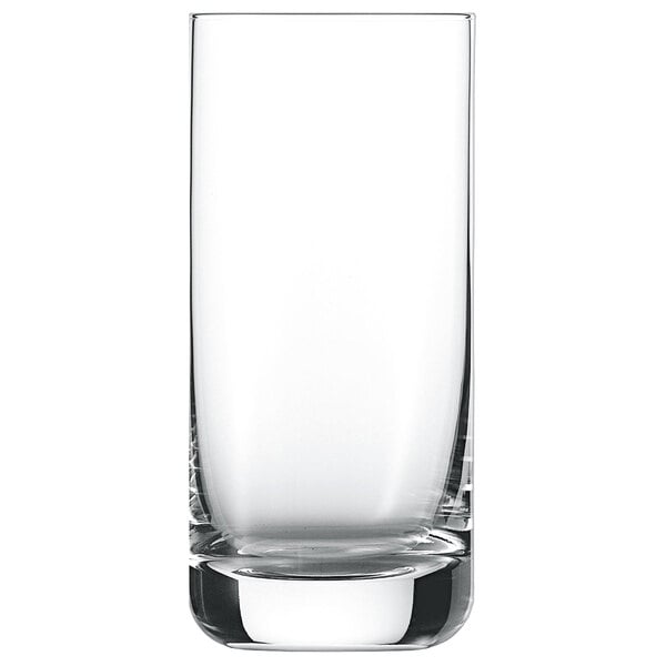 A close-up of a clear Schott Zwiesel beverage glass.